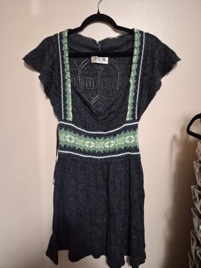 Free People Charcoal Knit Mini Dress with Green Trim